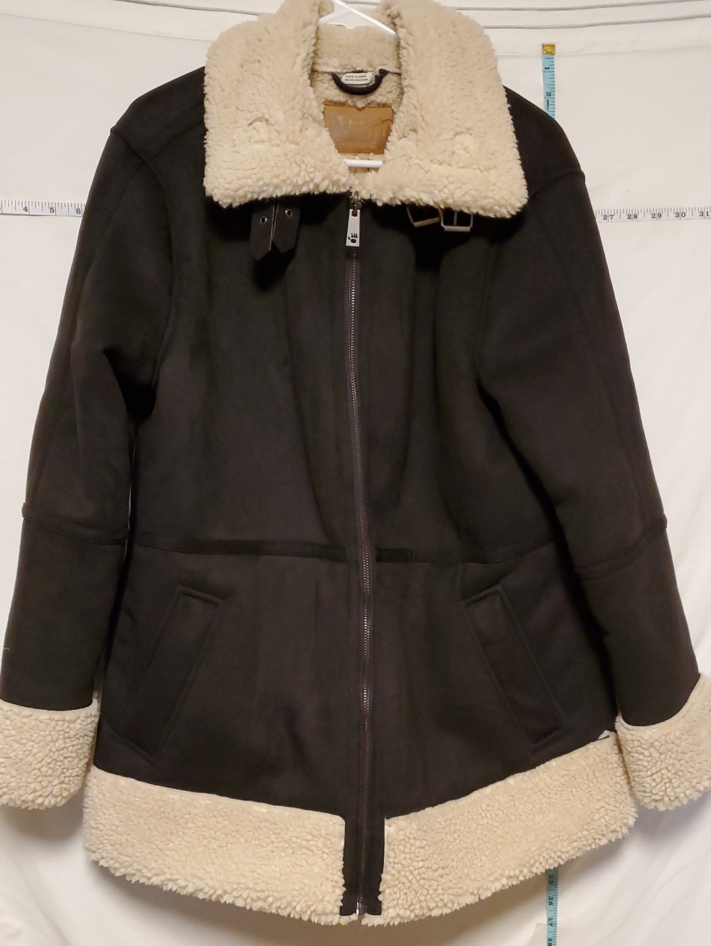BearPaw Cream Sherpa Lined Fsux Black Suede Jacket Lg Cozy Warm Stylish